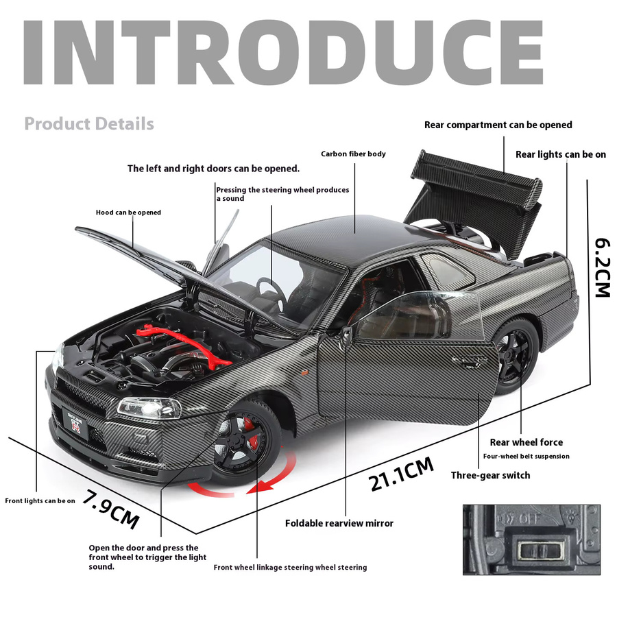 CCA GTR-R34 Automodell, Kohlefaser, Maßstab 1:24, mit Licht und Sound - Bild 5