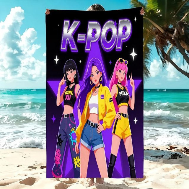 JMG Household Supplies K-Pop Idol Girlgroup Strandtuch aus Mikrofaser in Schwarz Lila mit Sternen, Breite: 50 cm, Länge: 100 cm - Bild 1