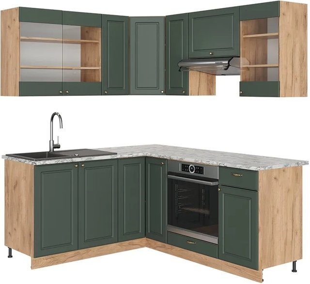 Vicco Fame-Line Eckküche Landhausstil in Grün-Gold mit Eiche-Optik und Marmor-Design, B/T/H: 160 x 190 x 82 cm - Bild 1