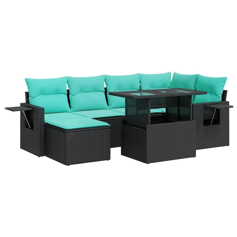vidaXL 7-teilige Garten-Sofagarnitur in L-Form aus schwarzem Poly-Rattan mit wetterfesten Kissen und pulverbeschichtetem Stahlgestell - Bild 2