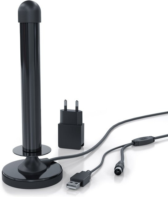 Aplic DVB-T2 HD Aktivantenne als digitale HDTV Stabantenne für das Zimmer in Schwarz mit 4 m Kabel, USB-Netzteil und Koaxialstecker - Bild 1
