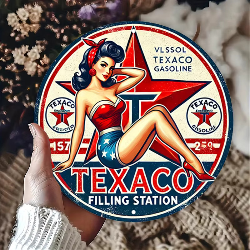 Potdemiel Vintage Texaco Rundes Aluminiumschild – Retro Pin-Up Metallblech-Wandkunst in Mehrfarbig, Durchmesser: 20 cm - Bild 4
