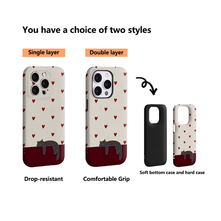 Potdemiel Magnetische Handyhülle mit Rotes Herz und Schwarze Katze für iPhone 17 16 15 14 13 Pro Max Plus, Robuste Ein- und Doppelschicht-Schutzhülle, Rot/Schwarz/Mehrfarbig - Bild 3