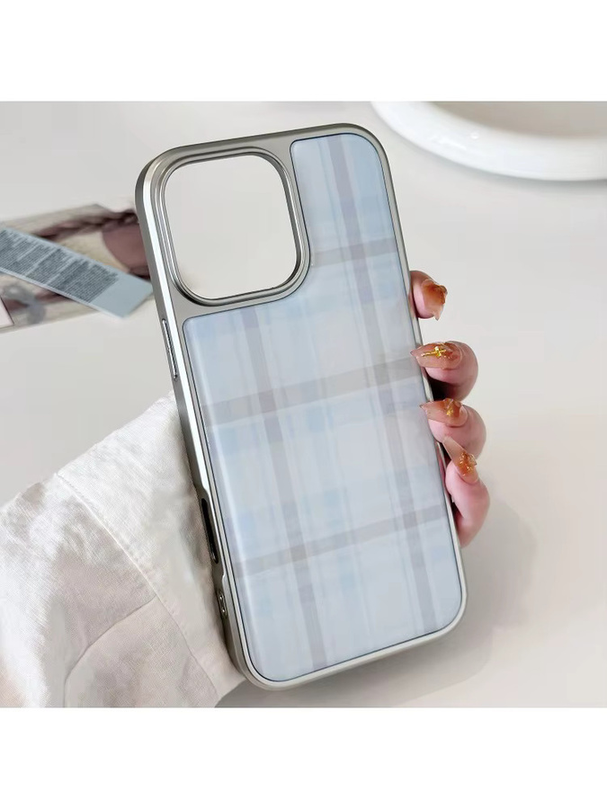 Retro Handyhülle aus TPU mit blauem Plaid-Muster und silbernem Rand für iPhone XR bis iPhone 17 Pro Max - Bild 4