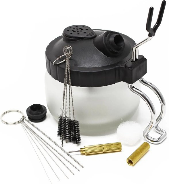 Wiltec Airbrush Reinigungsstation aus Edelstahl mit 5 Reinigungsbürsten und 6 Reinigungsnadeln in Schwarz und Weiß - Bild 1