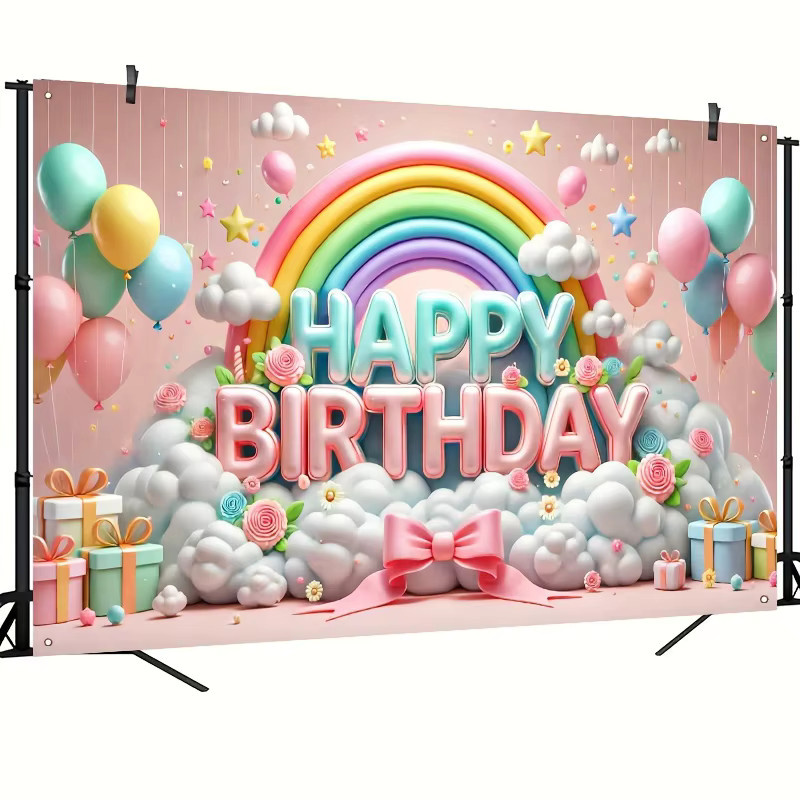 VIKAMA Happy Birthday Party Banner mit 3D Ballon Regenbogen Muster und Wolken in Multicolour, B: 150 cm, H: 100 cm - Bild 2
