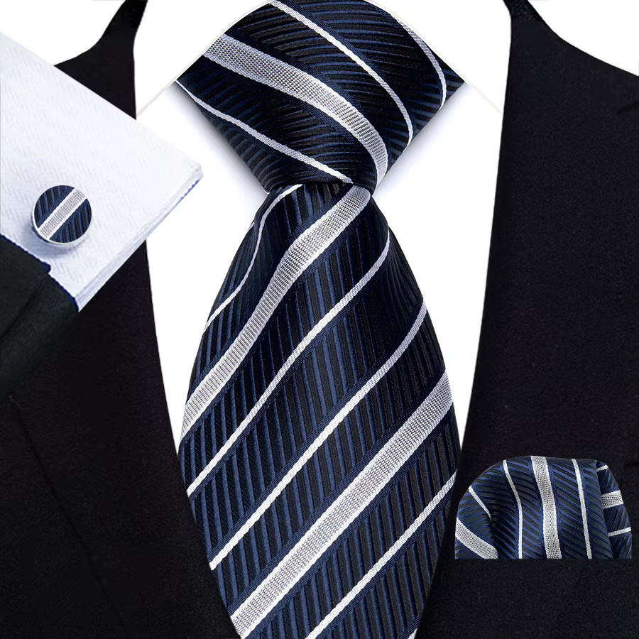 YISHLINE Schmuck-Set Krawatte, Einstecktuch, Manschettenknöpfe, Marineblau, Herren - Bild 2