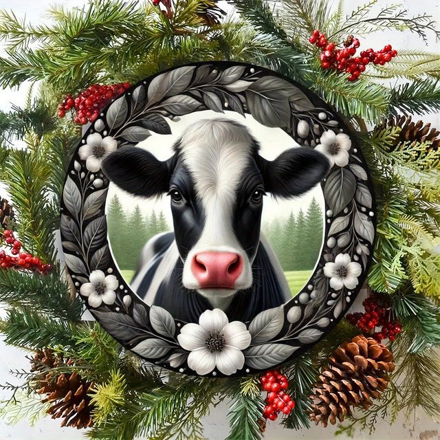 Potdemiel Wandkunst Holstein Kuh aus Metall, kreisförmige Bauernhaus-Dekoration in Mehrfarbig, Durchmesser: 20 cm - Bild 1