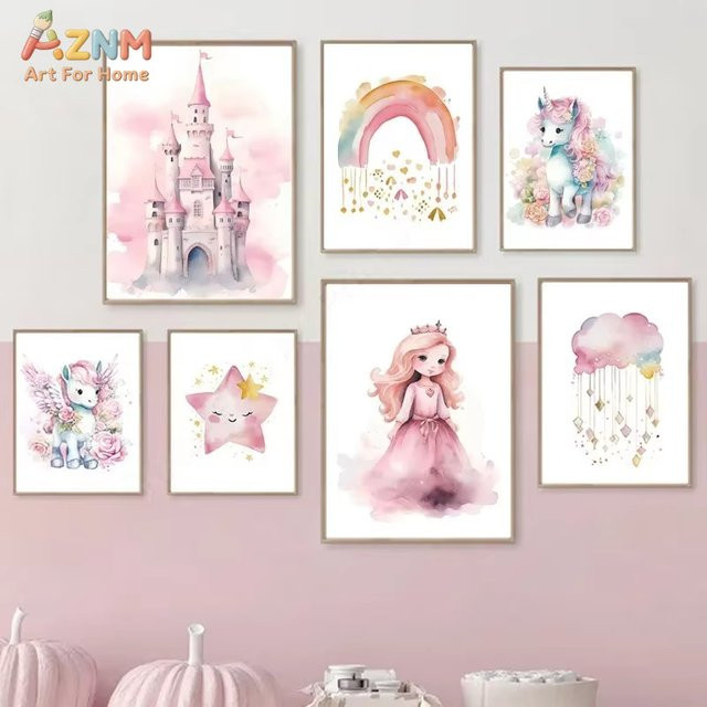 AZNM Leinwandgemälde für Kinderzimmer mit Prinzessin, Schloss, Einhorn und Regenbogen in Mehrfarbig - Bild 1