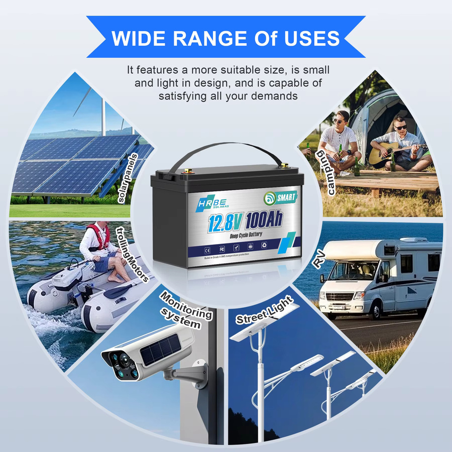 HRBEEnergy 12V 100Ah Smart Bluetooth LiFePO4 Batterie, 12,8V Lithium-Eisenphosphat-Batterie mit 100A BMS in Schwarz für Marine, Off-Grid, Trolling-Motor, Wohnmobil und Solar - Bild 5