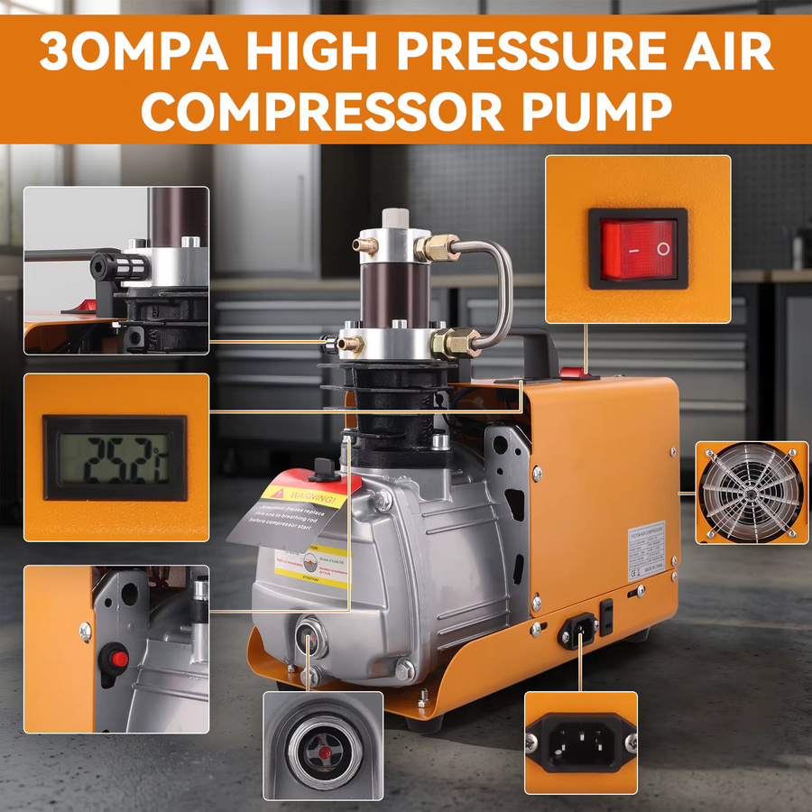Podofo Hochdruck-Luftkompressor 180W PCP 4500Psi Elektrische Aufblaspumpe mit bürstenlosem Motor und Kühlventilator in Orange - Bild 5