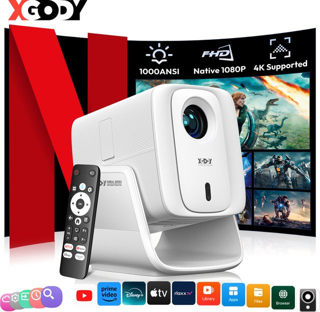 XGODY N7 Cine Smart Beamer mit Android 13, 4K Unterstützung, Native 1080P Full HD, 1000 ANSI Lumen, Autofokus, HDR10, WiFi und Bluetooth 5.2, Weiß - Bild 1