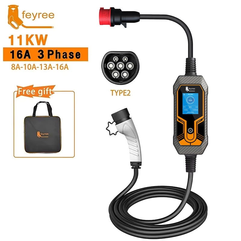 Feyree Tragbares EV-Ladegerät Typ2 11kW 16A 3-Phasen EVSE-Ladebox mit einstellbarem Strom und CEE-Stecker in Schwarz - Bild 2
