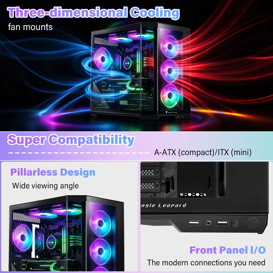 AS-01 ATX Desktop-Computergehäuse in Schwarz mit gehärteten Glas-Seiten- und Vorderwänden und 5 Festplattenslots für ITX, MATX und EATX Motherboards - Bild 5
