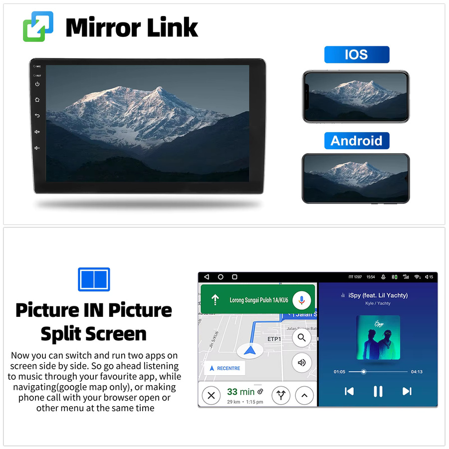 MOPECT 9-Zoll Universal Doppel-DIN Autoradio mit Android 15, 6GB RAM, 128GB Speicher, CarPlay, Bluetooth, GPS, DAB und AHD-Kamera in Schwarz - Bild 4