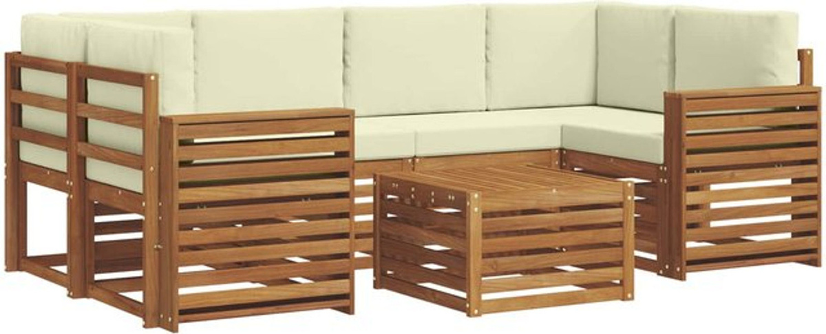 vidaXL Outdoor-Sofagarnitur aus Massivholz Akazie in Natur und Creme, 7-teiliges Loungemöbel-Set im modernen und minimalistischen Design - Bild 1