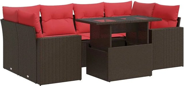 vidaXL 7-teilige Garten-Sofagarnitur in L-Form aus braunem Poly Rattan und Akazie mit UV-beständigen Kissen - Bild 1