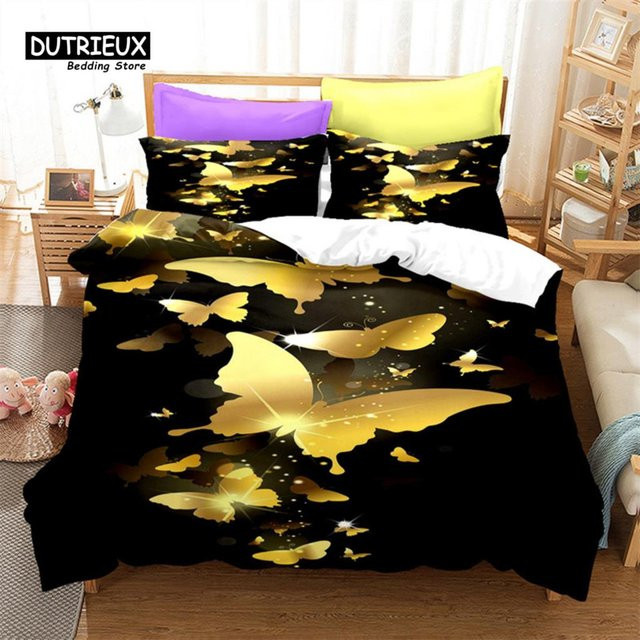 Bettwäsche Set Creative Homewares mit goldenem Schmetterling und Blumen in Schwarz, 3-teilig, B: 135 cm, L: 200 cm - Bild 1