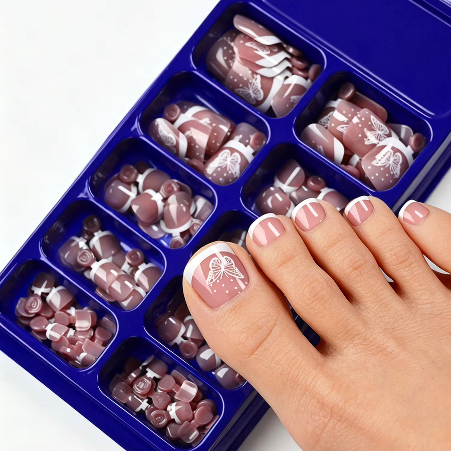 HotPress Künstliche Zehennägel, 120 Stück, Nude-Rosa, Schmetterlings-French-Tips, Glänzend - Bild 2