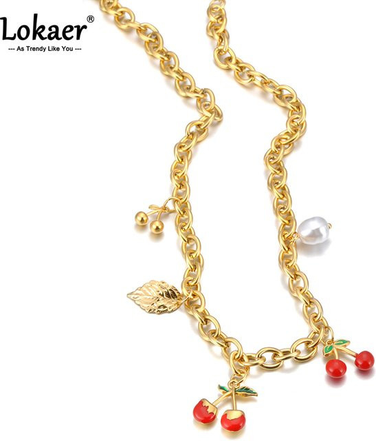 Lokaer Halskette mit Kirsche Anhänger, Edelstahl, Gold, Damen - Bild 1