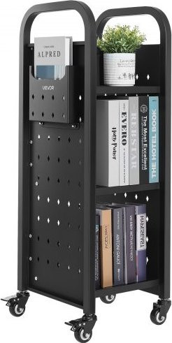 VEVOR Bücherwagen aus Kohlenstoffstahl in Schwarz, einseitiges L-förmiges Bücherregal mit Doppelbremsrollen, B/T/H: 32 x 35 x 93,5 cm - Bild 1