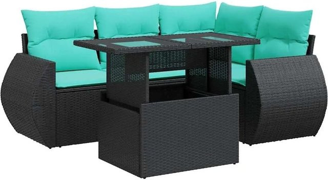 vidaXL 5-teilige Garten-Sofagarnitur aus Poly-Rattan und Akazie mit Kissen in Schwarz und Blau - Bild 1