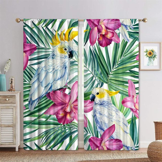 Yiran Furniture Vintage Fenstervorhänge mit Blumen Vogel Tier Muster in Grün und Multicolour, transparent, B: 50 cm, H: 130 cm, 2er-Set mit Ösen - Bild 1