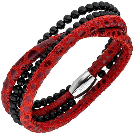 Colfem Armband Leder rot, Onyx Kugeln, Edelstahl, 19 cm, Unisex - Bild 1