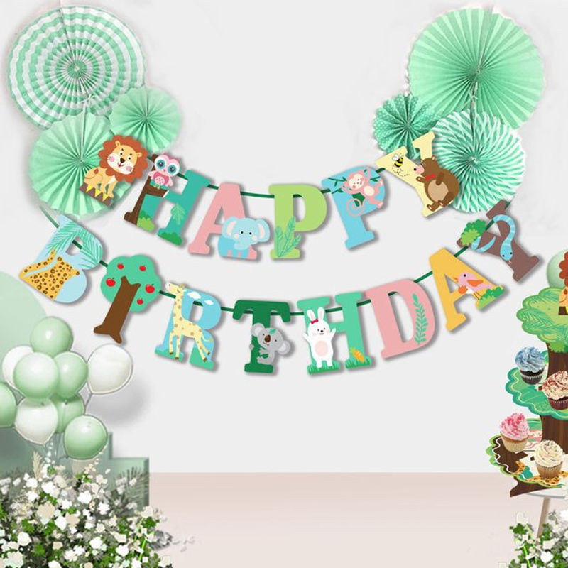Alles Gute zum Geburtstag Banner mit Waldtier-Motiven wie Löwe und Dinosaurier als hängende Buchstaben-Girlande aus Papier für Kindergeburtstage, mehrfarbig - Bild 1