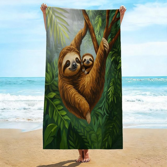 Übergroßes Strandtuch von Shanika Chen mit Faultier-Print, weiches Mikrofaser Badetuch in Braun, Breite: 75 cm, Höhe: 150 cm - Bild 1