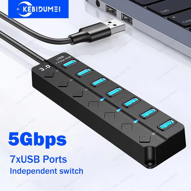 KEBIDUMEI 7-Port USB 3.0 Hub mit Ein/Aus-Schalter, USB-Dockingstation und OTG-Adapter, 5Gbps Übertragungsrate, Schwarz - Bild 1