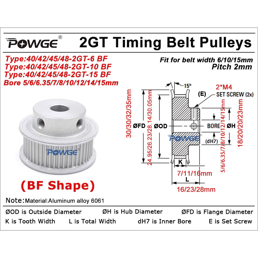 POWGE Zahnriemenscheibe 2MGT und 2GT in Silber für Riemenbreiten 6 mm, 10 mm oder 15 mm mit 40, 42, 45 oder 48 Zähnen und Bohrungen von 5 mm bis 14 mm - Bild 2
