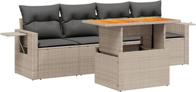 vidaXL 5-teilige Garten-Sofagarnitur aus grauem PE-Rattan mit Kissen und Tisch aus Akazienholz - Bild 1