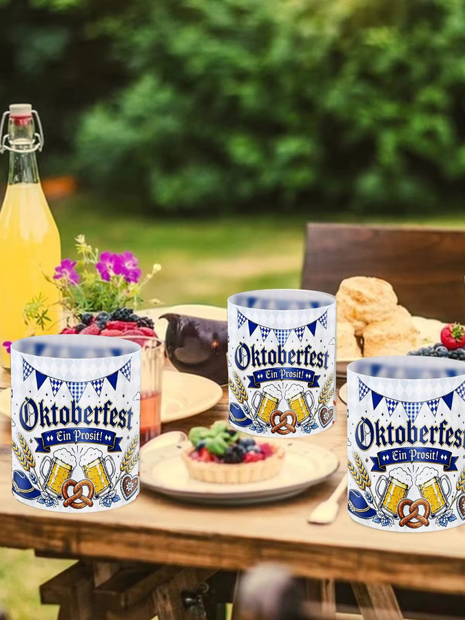 12 Stück Kerzenlampenschirme im Oktoberfest-Design mit blau-weiß kariertem Muster, Bierkrügen und Brezeln, Farbe: Blau-Weiß/Mehrfarbig, Durchmesser: 27 cm - Bild 6