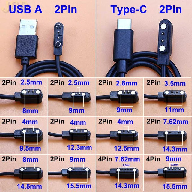 JCD Magnetisches Smartwatch Ladekabel mit 2-Pin oder 4-Pin Kontaktanschluss, USB-A auf USB-C, Schwarz, Unisex - Bild 1