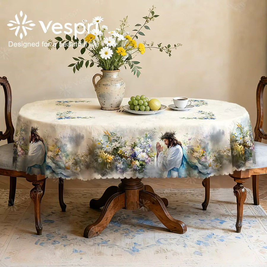 Vespri Oster-Tischdecke mit floralem Design in Weiß und Blau aus Polyester - Bild 2