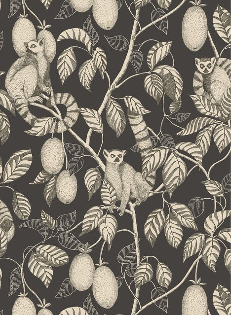 Sandberg Wallpaper Elliot Vlies Tapete Lemurs and Leaves in Graphite - Bild 1