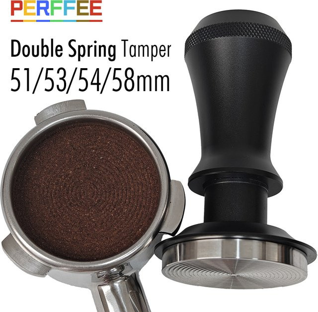 PERFFEE Espresso Kaffee-Tamper mit Doppelfeder und Welligkeitssockel aus Edelstahl, Durchmesser: 58 mm, Farben: Grau oder Schwarz - Bild 1