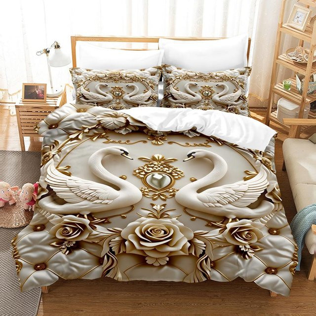 3-teiliges Bettwäsche-Set mit 3D-Schwanen-Print in Weiß und Beige, bestehend aus einem Bettbezug und zwei Kissenbezügen aus Mikrofaser, B/H: 172 x 218 cm - Bild 1