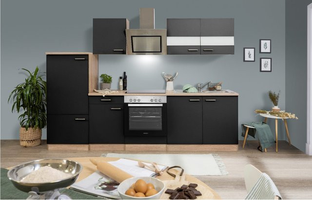 Respekta Economy Küchenzeile KB270ESSSC in Schwarz-Eiche Sägerau mit Kühl-Gefrierkombination, Breite: 270 cm, Höhe: 200 cm, Tiefe: 60 cm - Bild 1