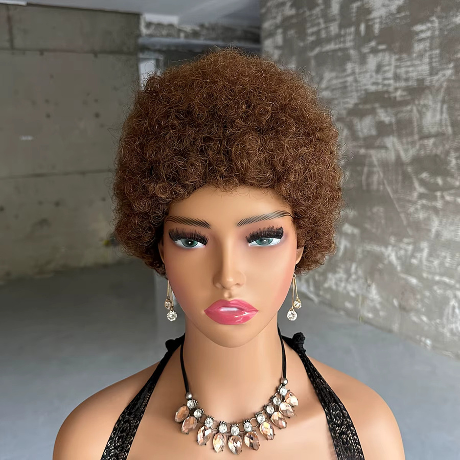 Linhua Afro-Perücke, kurze lockige Pixie-Perücke aus Echthaar, Damen, Schokoladenbraun - Bild 2