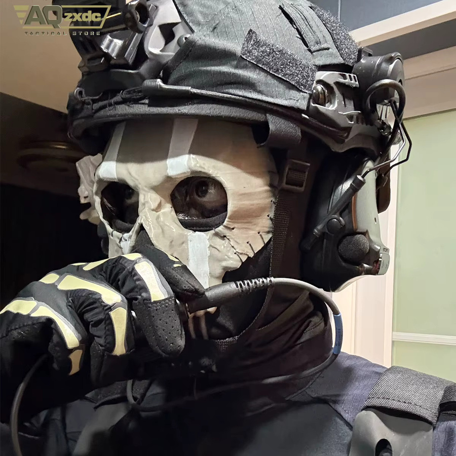 AQzxdc Cod Ghost Mask V2 Set in Schwarz mit taktischem Headset und Handschuhen für Airsoft und Cosplay - Bild 2