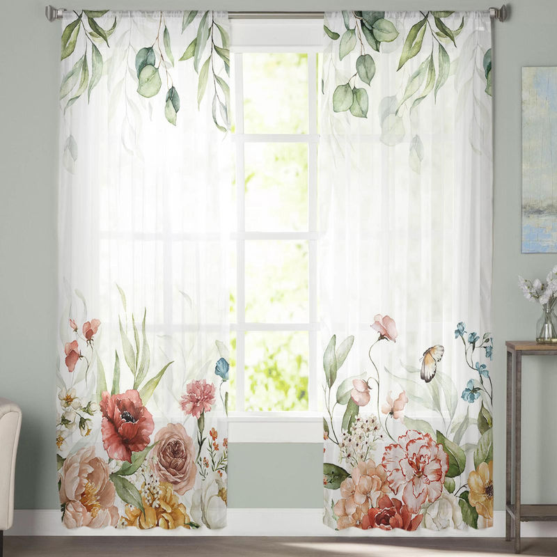 Super Six Voile Gardine mit Eukalyptus und Rosen in Weiß, Chiffon Vorhang für Wohnzimmer und Schlafzimmer, Breite: 135 cm, Höhe: 114 cm - Bild 4