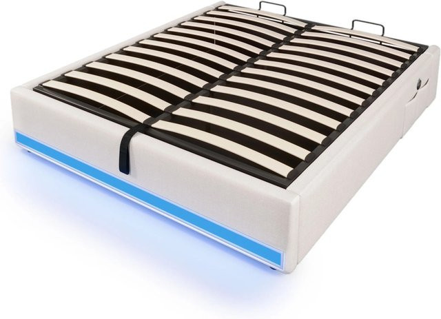 okwish Polsterbett Beige mit LED, USB-Anschluss und Stauraum, B/T/H: 140 x 200 x 141,5 cm - Bild 1