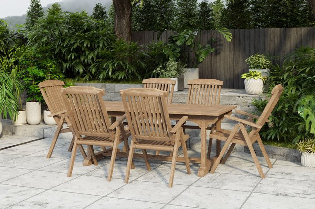 OUTFLEXX Garten-Essgruppe Ontario/Bounty aus Teakholz in Natur mit 6 Klappsesseln und ausziehbarer rechteckiger Tafel, B/T/H: 195 x 90 x 75 cm bis 295 x 90 x 75 cm - Bild 1