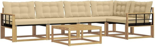 vidaXL Outdoor-Sofagarnitur in L-Form mit 6 Teilen, Set aus Akazienholz und Textilene, Weiß und Beige, B/T/H: 79 x 79 x 37 cm - Bild 1