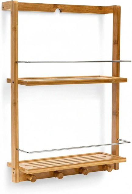 Relaxdays Duschregal aus Bambus und Metall mit 4 Haken, Braun, B: 53 cm, T: 38 cm, H: 15,5 cm - Bild 1