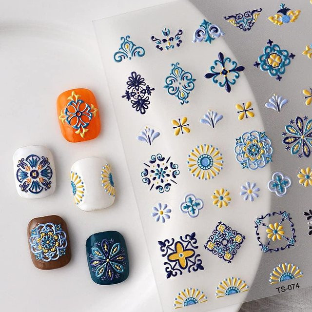 felaxuu Nagelaufkleber, 5D Boho Design, Blau Gelb, Blumen, Abstrakt - Bild 1