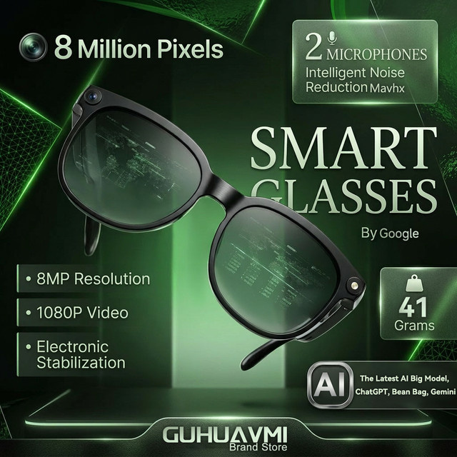 GUHUAVMI KI-Smart-Brille mit KI-Übersetzung, 4K-Aufnahme und 800W HD-Kamera, Schwarz - Bild 1
