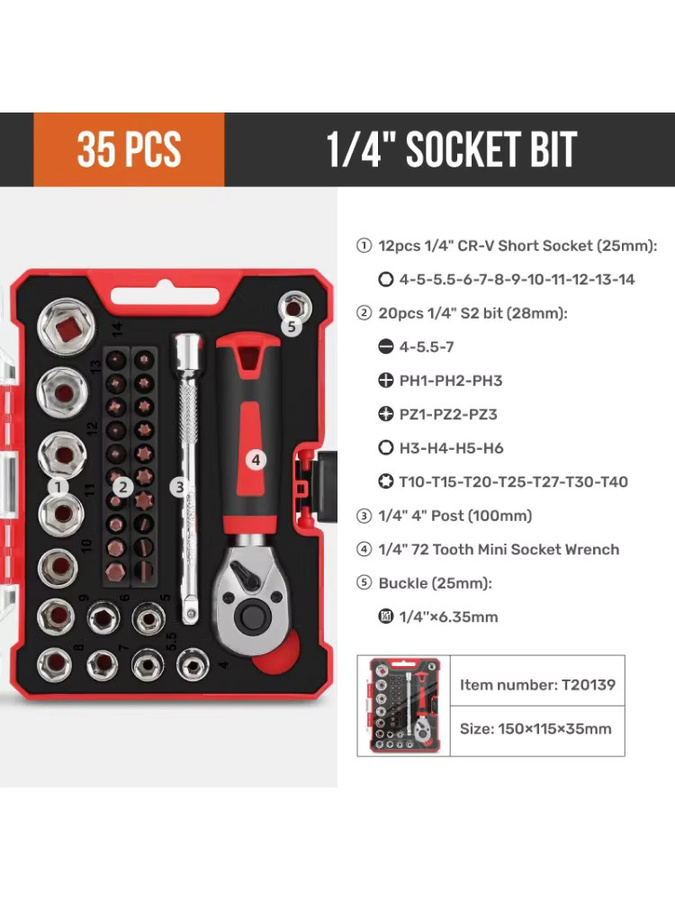 Apollo 35-teiliges Mini-Ratschenschlüssel-Steckschlüsselsatz mit 1/4-Zoll-Antrieb und Sechskant-Bits für die Autoreparatur - Bild 6